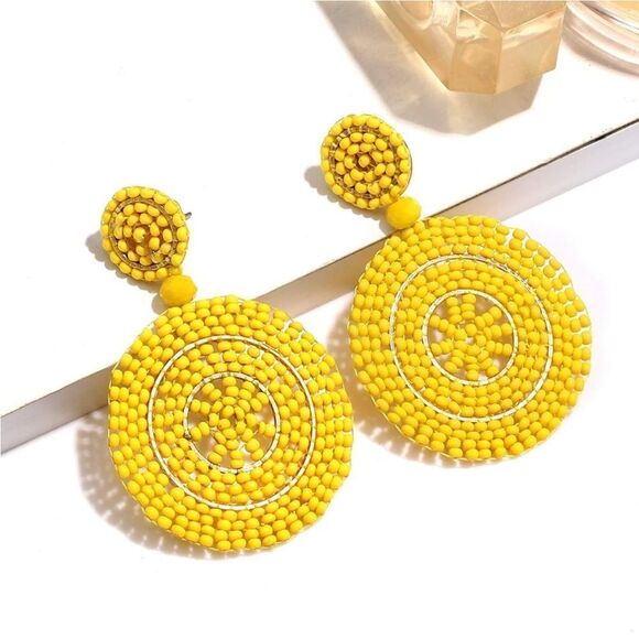 Yellow Beaded Double Round Disc Boho Dangling Drop Statement Post Back Earrings - Picture 2 of 7